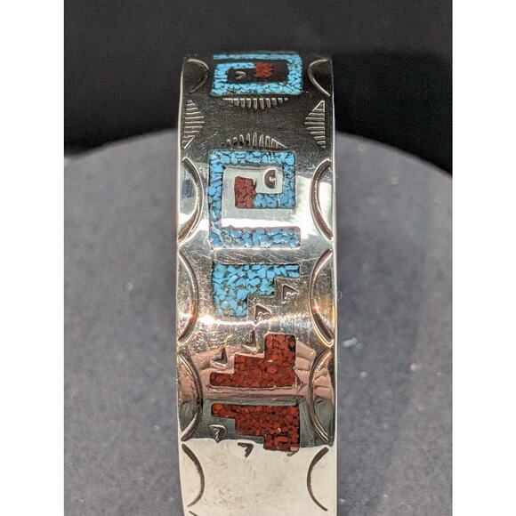 Vtg Navajo Sterling Silver Turquoise & Coral Chip Inlay Bracelet - Signed Ray B - Picture 2 of 8